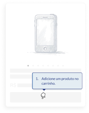 Imagem ilustrativa de uma tela da página de produto com o fundo cinza, mostrando um celular na cor branca e de tela azul com um botão embaixo em verde, com a mãozinha na cor branca por cima