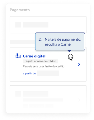 Imagem ilustrativa de uma tela com o fundo cinza, com o título Pagamento e abaixo um retângulo comunicando Carnê Digital na cor azul e uma seta também na cor azul