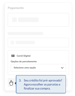 Imagem ilustrativa de uma tela com o fundo cinza, com o título Pagamento e abaixo um retângulo comunicando Carnê Digital na cor cinza e abaixo as opções de pagamento. Abaixo desse bloco tem um botão na cor azul com a mãozinha na cor branca por cima