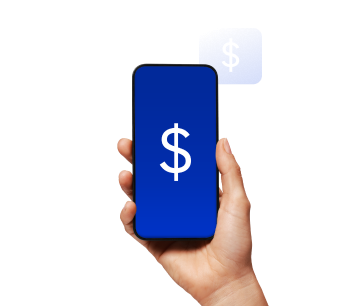 Imagem ilustrativa de uma mão segurando um celular com a tela em azul e um símbolo de cifrão em branco no centro do celular