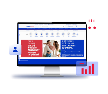 Imagem ilustrativa de uma tela de computador com um banner de Casas Bahia e ao redor ícones de um carrinho de compra em branco e um gráfico em vermelho