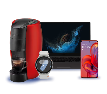 Imagem ilustrativa de uma cafeteira vermelha, um smartwatch, um smartphone vermelho e um notebook preto