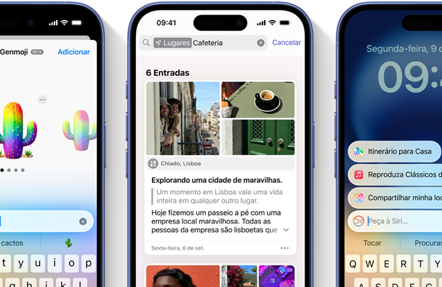 Recursos da Apple Intelligence em três aparelhos iPhone diferentes