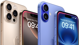 Quatro modelos, parte de trás do iPhone 16 Pro Max em titânio-deserto, parte da frente do iPhone 16 Pro em titânio-deserto, parte de trás do iPhone 16 Plus em ultramarino, parte da frente do iPhone 16 em ultramarino