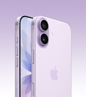 Imagem em ângulo da parte de trás do iPhone 17 na cor lavanda mostrando o sistema de câmera Fusion na parte superior e o Controle da Câmera, e parte da frente mostrando a tela de ponta a ponta, o botão de Ação, o botão lateral e os botões de volume
