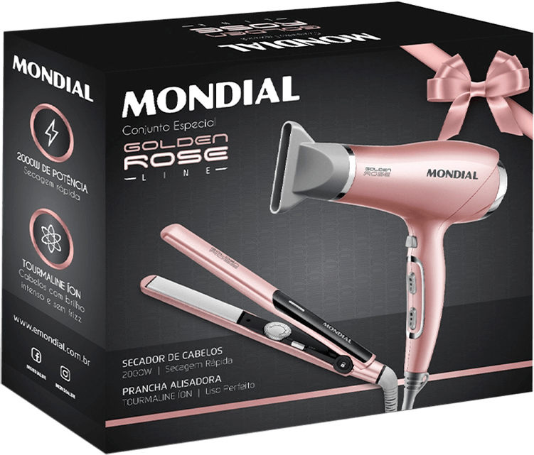 Conjunto Mondial Golden Rose Line KT-83: Secador de Cabelos + Prancha Alisadora