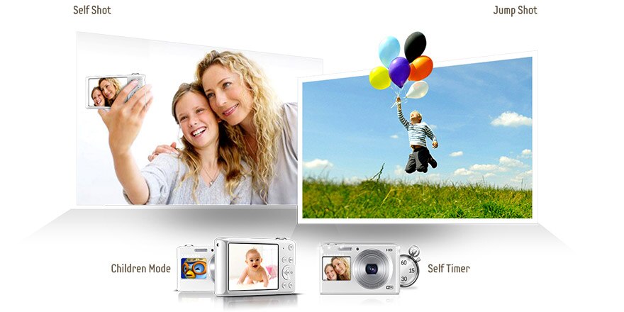 Smart Camera Samsung recursos self timer modo criança duplo lcd
