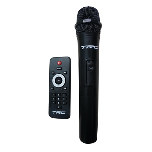 Microfone e controle remoto acompanham o produto Caixa de Som Amplificada TRC 518 microfone controle remoto