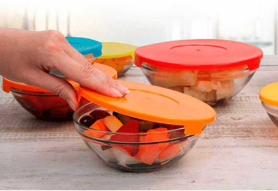 Conjunto Tigelas Tampas Coloridas Casa Ambiente Vidro Plástico 5 Peças