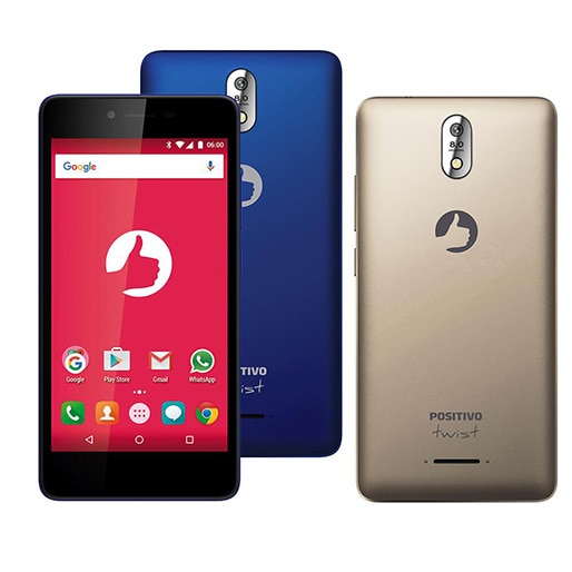 Smartphone Positivo Twist M capa azul capa dourada