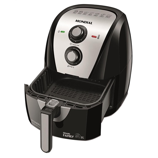 Timer com desligamento automático Fritadeira Air Fryer Mondial Grand Family 5 Litros AF17 Preto Prata fritar alimentos batata frita 200ºC