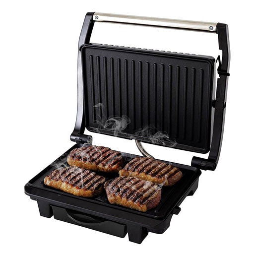 Sanduicheira Grill Philco Press Inox aberta carne chapa antiaderente ondulada
