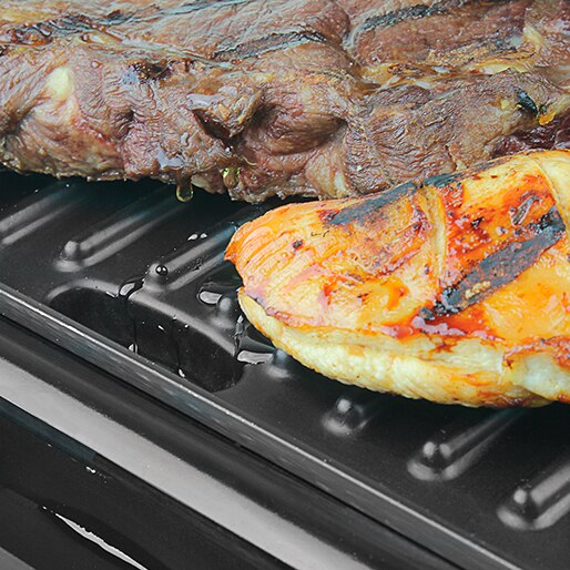 Grill Mallory Asteria Compact Inox Preto bandeja carne gordura coletora ondulada