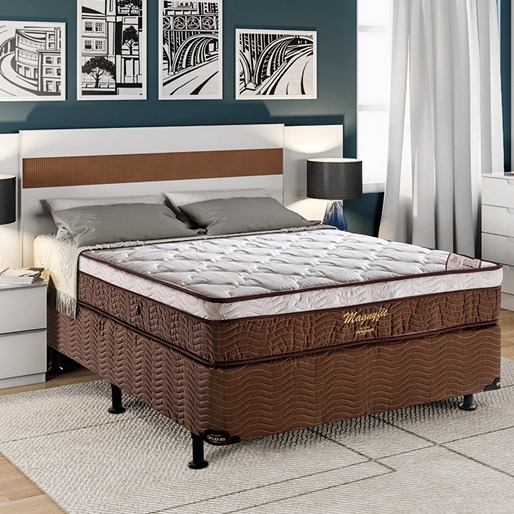 Cama Box Casal Ortobom Magnyfic com Ortopillow e Molas Ensacadas  65x138x188cm - Marrom/Bege | Casas Bahia