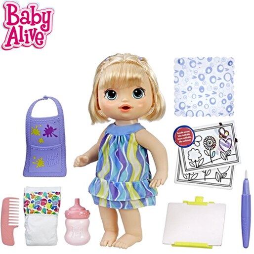 Boneca Baby Alive Hasbro Pequena Artista pincel cavalete quadros avental lenço