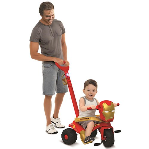 Triciclo Velocipede Bandeirante Homem de Ferro com Empurrador Pais Squeeze Roda Livre haste removível
